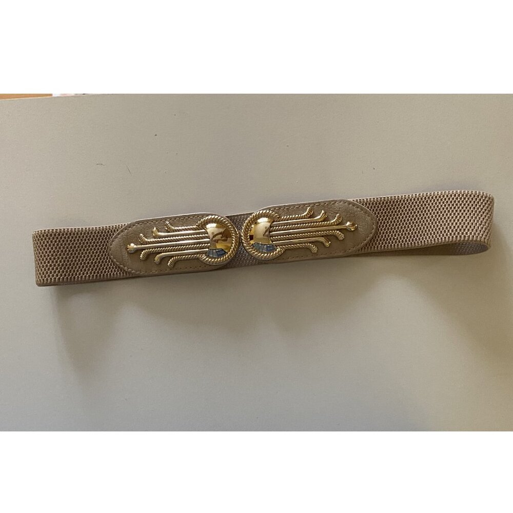 Elastic Stretch Belt Beige/Tan textured with Gold Art Deco inspired hardware - Picture 3 of 8